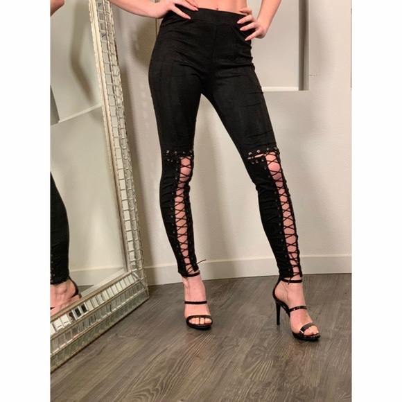 Vegan Suede High Waist Lace Up Leggings - Picture 5 of 8